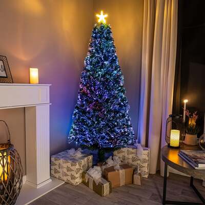 2ft - 7ft Green Fibre Optic Christmas Tree with Multi Coloured Fibre Optic Lights, 5FT