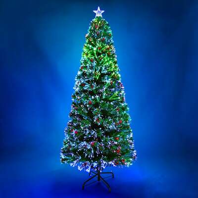 2ft - 6ft Green Fibre Optic Christmas Tree with Multi Coloured Fibre Optic Lights and Red Berries, 6FT